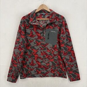 Eddie Bauer First Ascent Fleece Pullover Mens Medium Gray Red Camo 1/4 Zip Camp